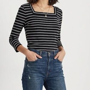 Ralph Lauren Black Striped Square Neck Cotton Long Sleeve Tee Large